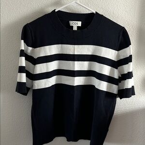 COS Navy White Striped Short Sleeve Knit Top L